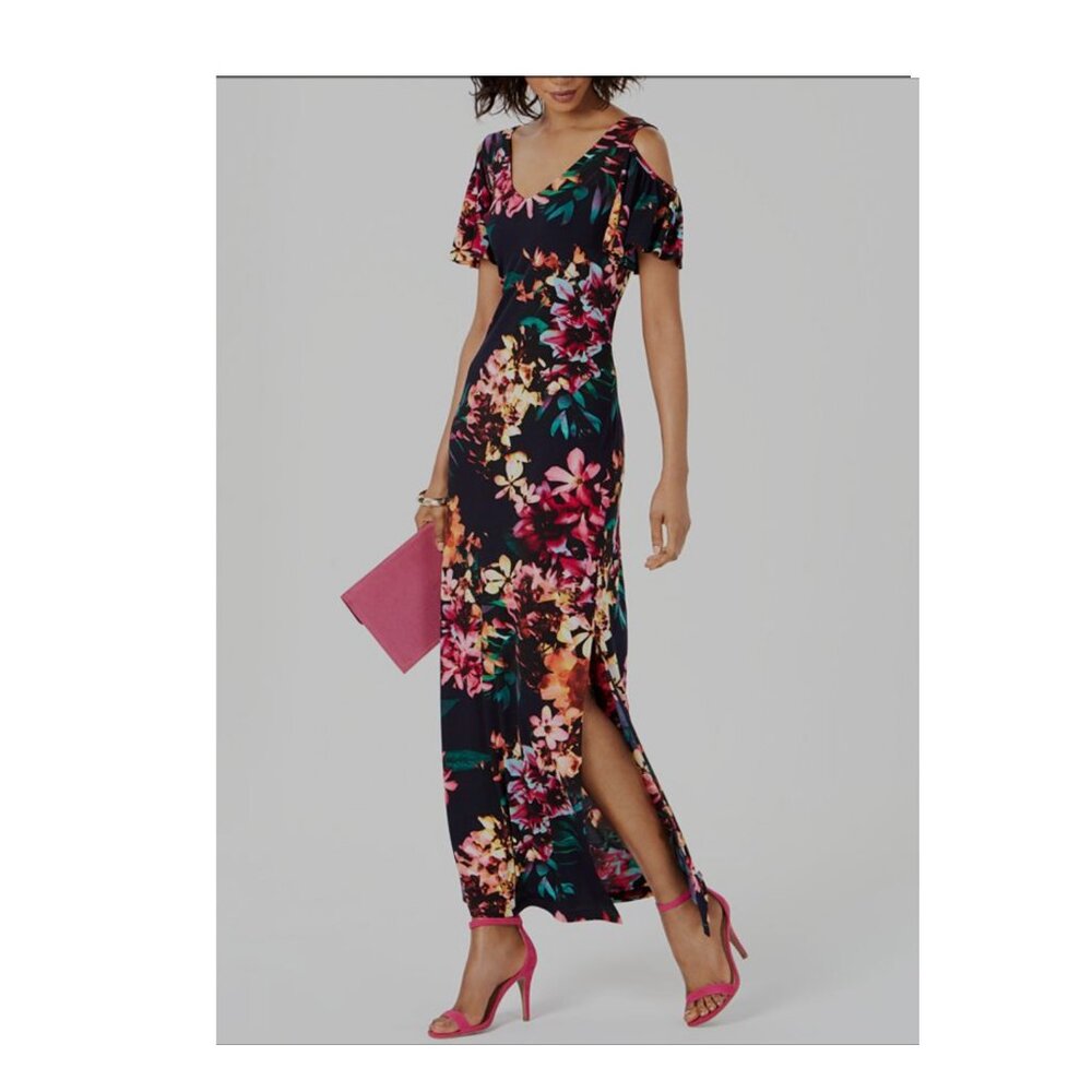 Connected Printed Cold-Shoulder Maxi Dress - Size 10